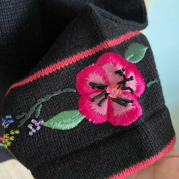Storybook Knits Black Embroidered Colorful Flower Cardigan Embellished Sz M NWT - Picture 10 of 11